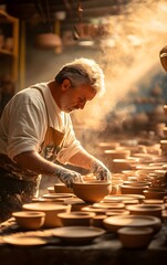 Soft sunlight falls on the pottery pieces as the potter meticulously carves the details, with a hazy play of light and shadow in the background