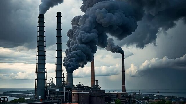 Industrial Factory Emitting Thick Smoke from Chimneys Against Moody Sky and Coastal Landscape