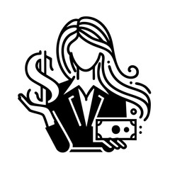 Elegant businesswoman with currency in line drawing style in monochrome representing financial success