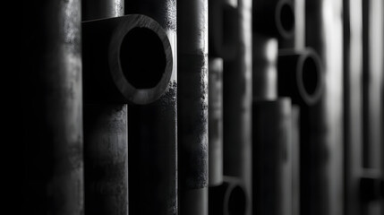 Stack of steel pipes in monochrome with selective focus highlighting construction materials and industrial design for modern architecture projects