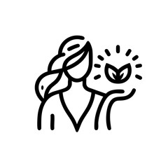 Minimalist line drawing of woman with plant in hands in monochrome symbolizing well-being and growth