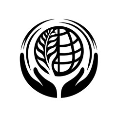 Monochrome globe and hands logo in minimalist style representing environmental care and global cooperation