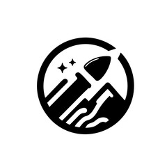 Graphic rocket and mountain logo in black and white symbolizing ambition and achievement with copy space