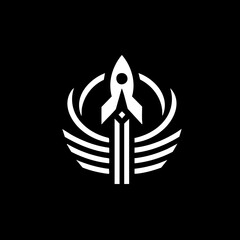 Stylized rocket logo in minimalist style in black and white representing innovation and progress with copy space
