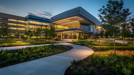 Fototapeta premium Modern medical center building illuminated at twilight with landscaping