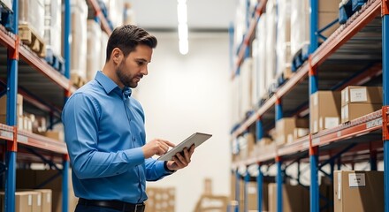 A dedicated warehouse worker meticulously reviews inventory levels on a tablet, ensuring smooth operations within the organized storage facility.