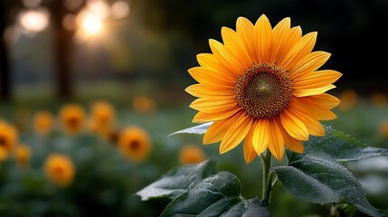 Obraz premium Radiant sunflower basks amidst blurry golden field