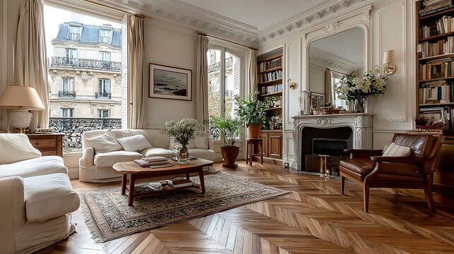 Sunlit Parisian Apartment: A cozy living room with herringbone floors, elegant molding, and views of charming cityscapes. Comfort & style meet.