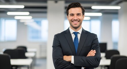 A confident professional man smiles in modern corporate office, exuding charm and poise. A well-dressed man epitomizes success in a business environment.