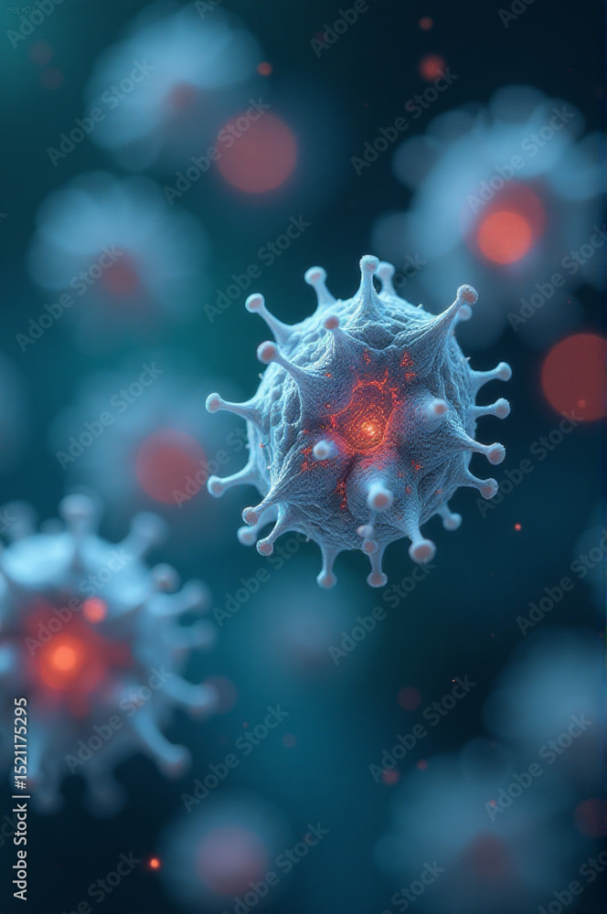 Poster a close-up view of a corona cell with bright red lights, suitable for use in science and technology 