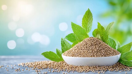 Pile of mustard seeds in bowl with green leaves