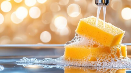 Yellow sponges soaked in water under a running faucet