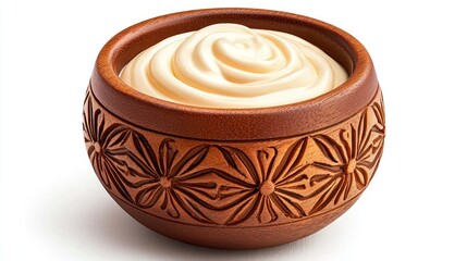 Creamy white sauce in a wooden bowl with floral carvings