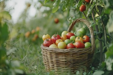 A wicker basket overflowing with ripe red, yellow, and green tomatoes sits amongst lush tomato plants in a garden