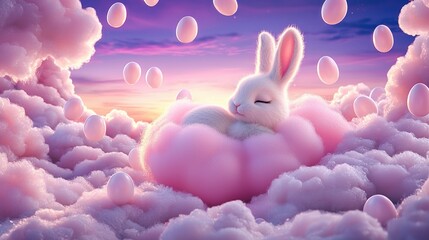 Bunny sleeps peacefully on pink cloud surrounded by eggs