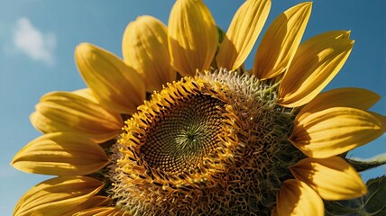 Naklejka premium Close-up of Bright Sunflower on Clear Blue Sky Background