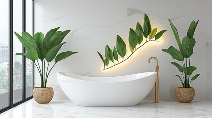 Modern bathroom interior with freestanding tub and lush greenery