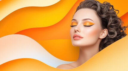Woman with orange makeup poses against orange wave background