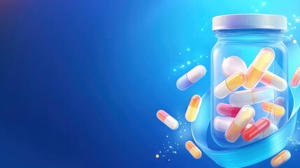 Pills and capsules inside and around a medicine bottle