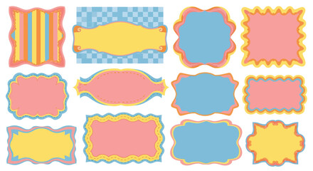 Decorative colorful label shapes with scalloped and wavy edges in pastel colors
