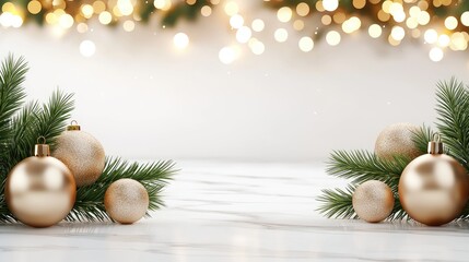 Festive golden christmas ornaments and greenery on marble surface