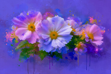 Vibrant watercolor illustration of colorful flowers with soft petals and rich hues, creating a dreamy atmosphere with artistic splashes and textures in a harmonious composition
