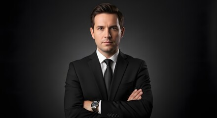 A composed professional in a sleek black suit exudes confidence and authority, his arms crossed, embodying a powerful presence with a focus gaze.