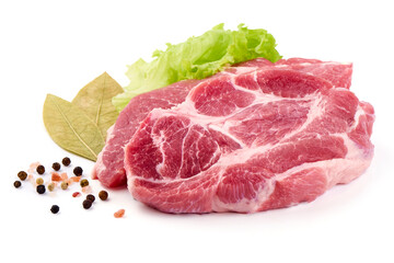 Raw Pork Steaks with Spices, isolated on White Background