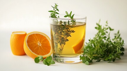 Fototapeta premium Iced tea with mixed herbs and orange peel in clear glass, refreshing look