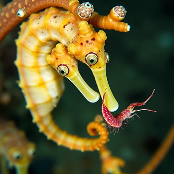 Long-snouted seahorse (Hippocampus guttulatus) with its food, opossum shrimps (Mysida)