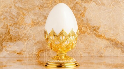 Ornate golden egg is displayed against a marble background