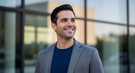 An ambitious businessman stands tall, a beacon of confidence and success, against the backdrop of a modern glass-clad office building, embodying professionalism and aspiration.