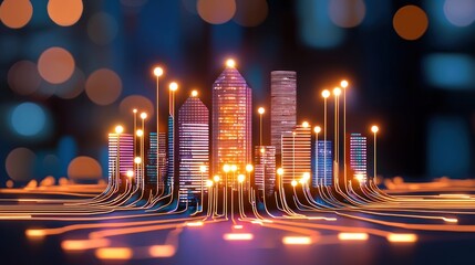Digital city skyline glows with connectivity and bright illumination