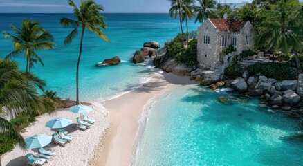 Fototapeta premium Aerial view of a white sandy beach with palm trees and blue sun loungers on the shore, a bungalow hotel on a tropical island