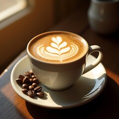 Coffee Cup with Latte Art and Beans in Warm Morning Light