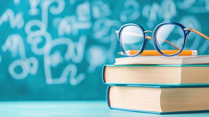Blue eyeglasses resting on stacked books with an orange pencil