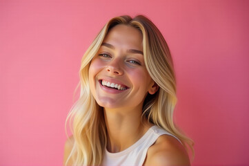 A happy woman with long blonde hair smiling directly at the camera