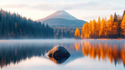 Calm lake reflects autumn trees and distant mountain peak