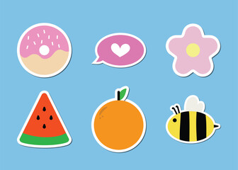Cute hand drawn set of summer stickers flat vector design elements isolated on blue background. Includes donut, message bubble, flower, watermelon slice, orange and bee stickers