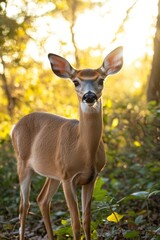 Fototapeta premium Young deer in forest at golden hour