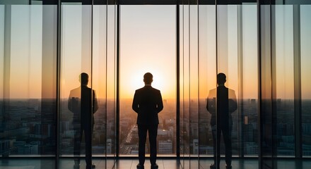 Businessman silhouette standing in front of a panoramic cityscape window at sunset, contemplating the future.