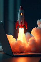 A laptop computer with a rocket emerging from its screen, perfect for futuristic or sci-fi themed projects