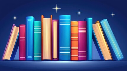 Colorful row of books stand upright beneath twinkling stars