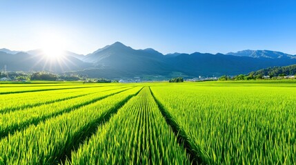 Beautiful rice paddy fields stretch towards distant mountains