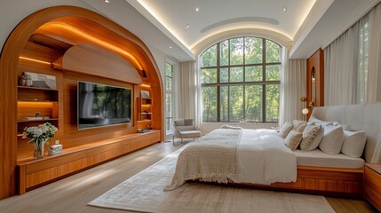 Luxurious bedroom with wooden paneling and nature view. Cozy textures & natural light create a calming retreat. Contemporary design.