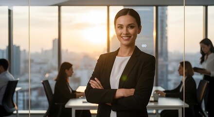 A confident businesswoman in a modern office, gazing directly at the viewer with an air of expertise, leadership, and poise.