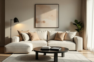 A comfortable living room with a couch and coffee table, perfect for relaxation or entertaining