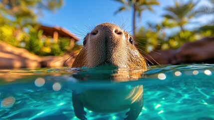 Capybara swims in pool showing above and below water view