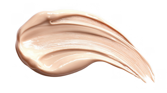 Creamy texture of beige liquid foundation makeup, forming a smudge with dynamic brush strokes, isolated on transparent background, perfect for beauty and cosmetics projects