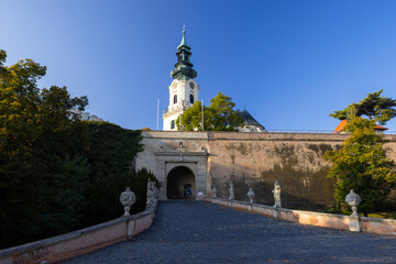 Nitra Castle entrance with statues leading to Cathedral of St Emmeram in Slovakia